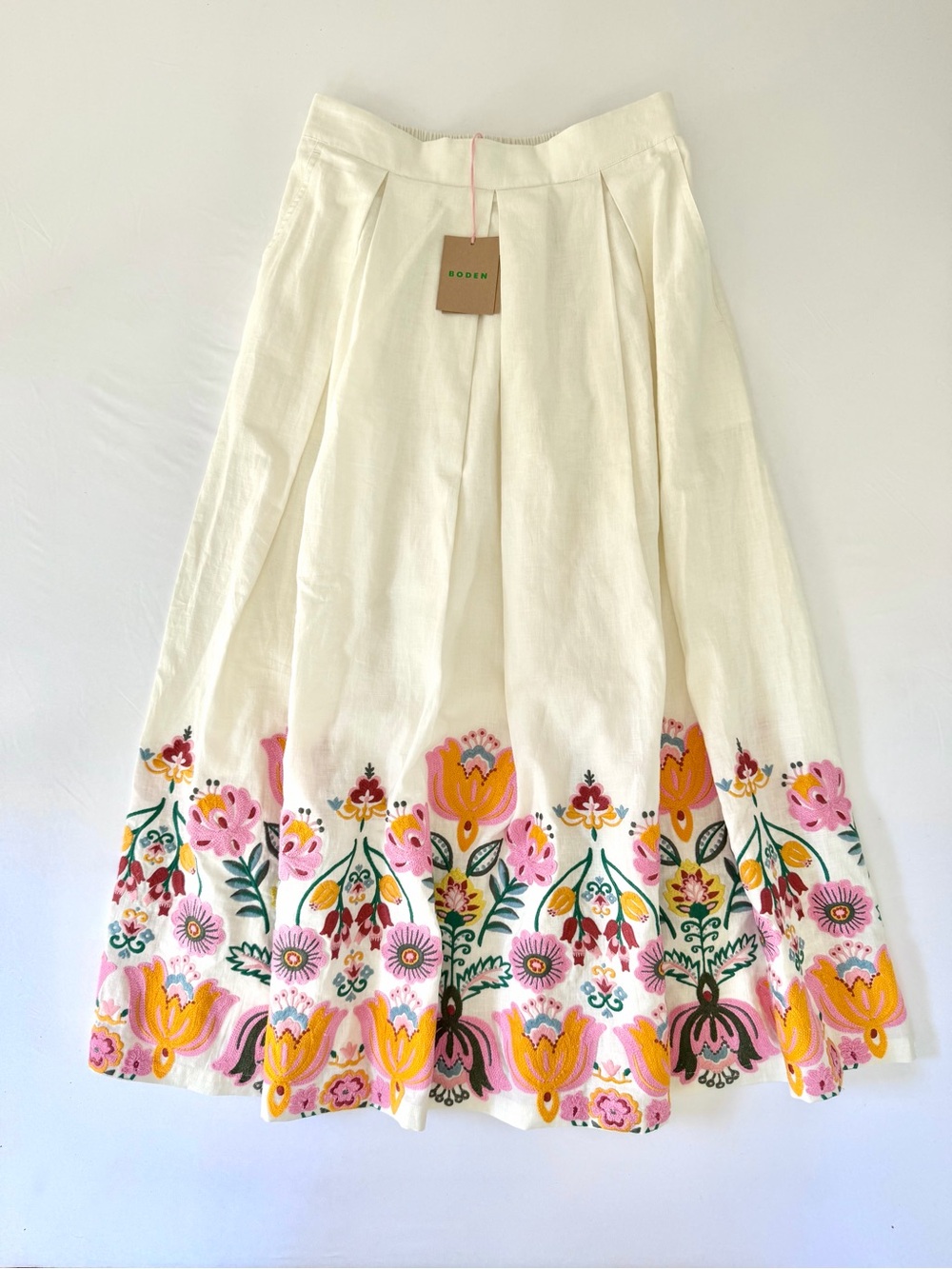 Boden Verity Linen Embroidered Floral Trim Pleated Midi Skirt US 6R - Picture 2 of 16